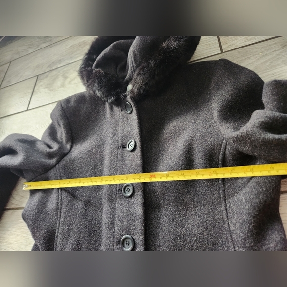 Worthington Long Wool Womens Trench Coat 10 P Rabbit Fur Trim Hooded Gray Vtg - Picture 12 of 15